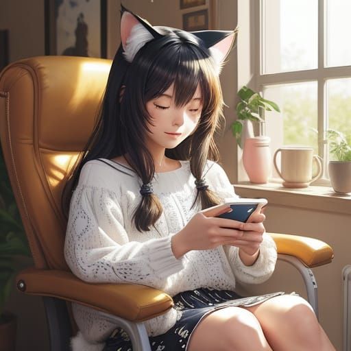 Cute Girl in Vibrant Anime Style with Cat and Coffee
