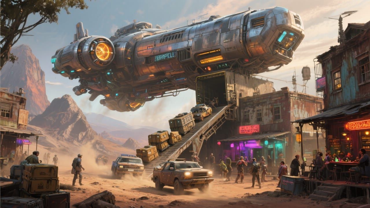 Massive Spaceship Delivers Supplies to Mining Town
