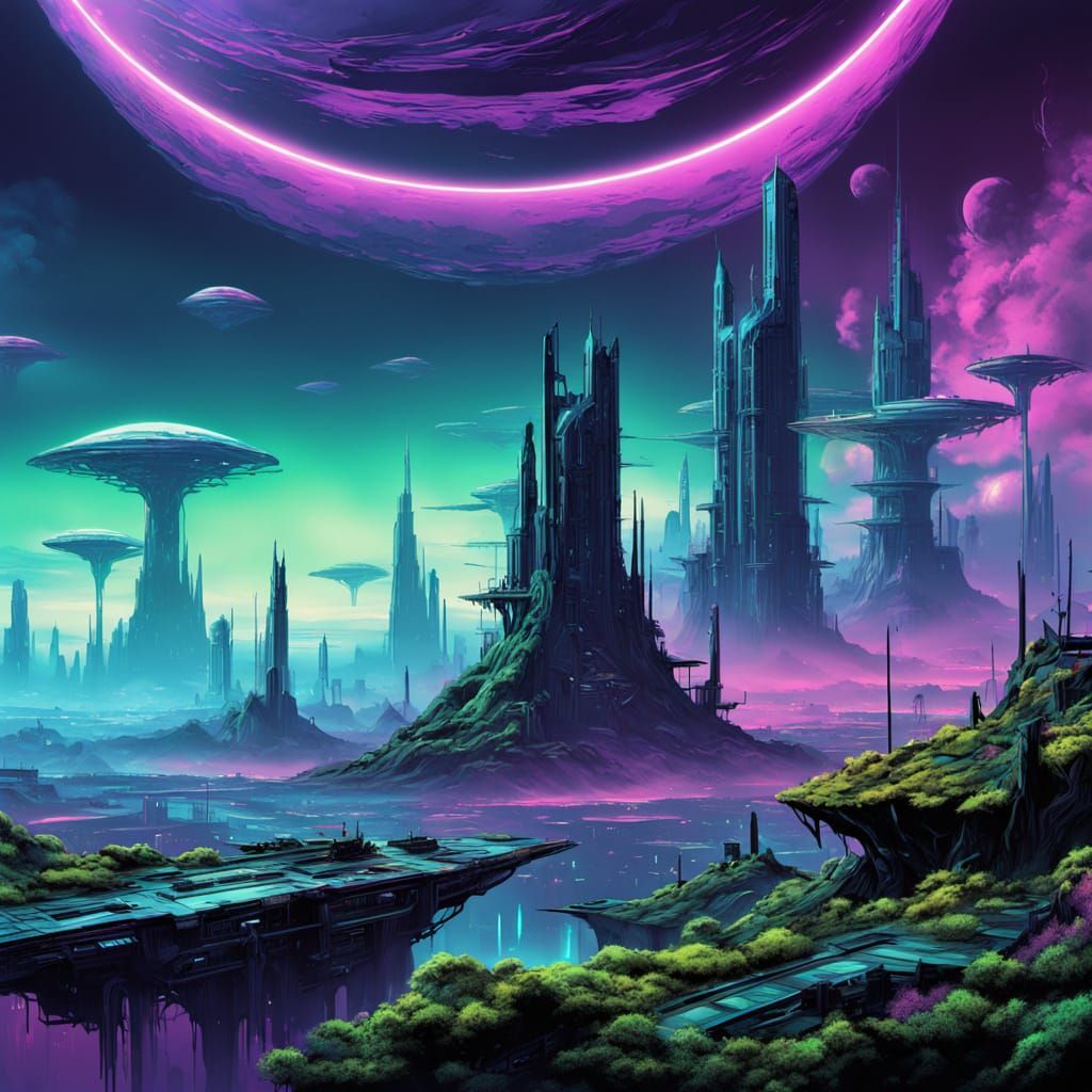 Cyberpunk Jungle Descends into Abyss with Glowing Accents