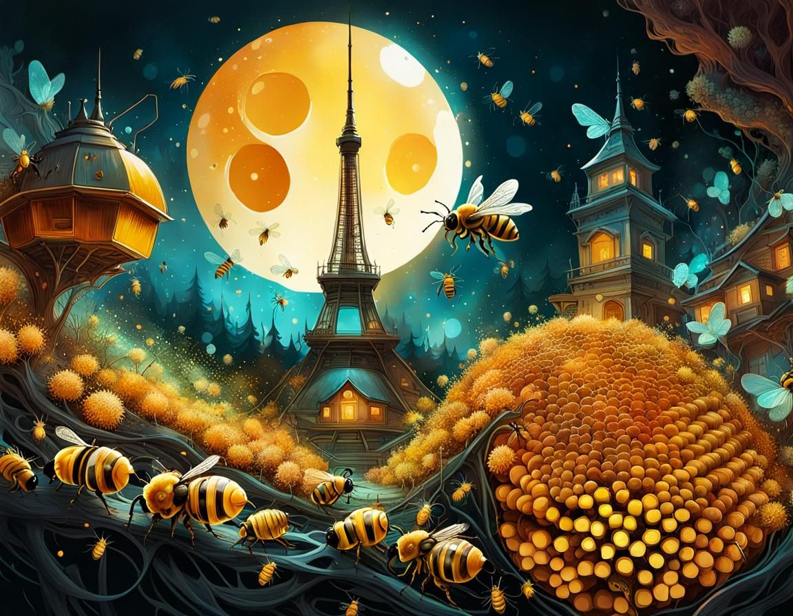 Inside a Beehive: Honeycomb, Bees, and Fireflies