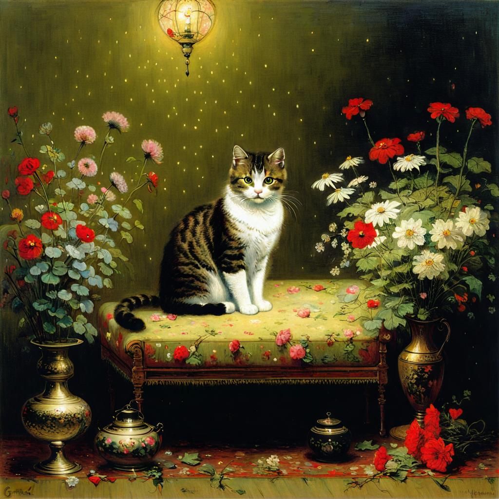 Victorian Cat with Flowers and Heart Lights