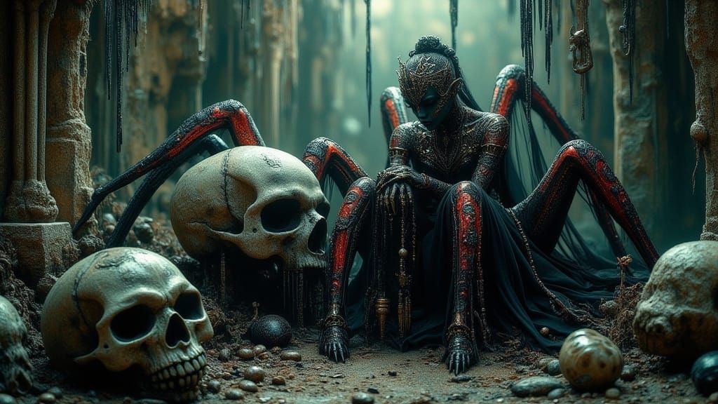 Spider Queen with Baroque Spider in Gothic Cave