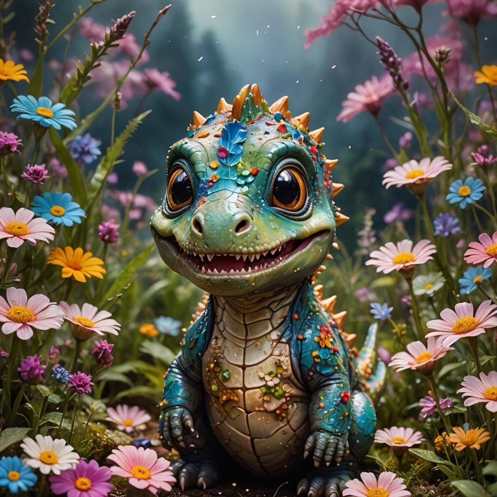 Baby Dino in Wes Anderson Style with Chibi Eyes