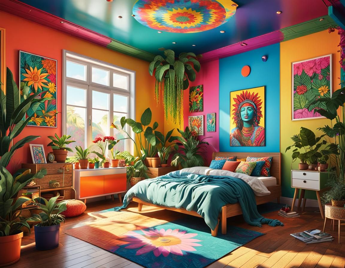 Bright Hippie Bedroom with Pop-Art Posters