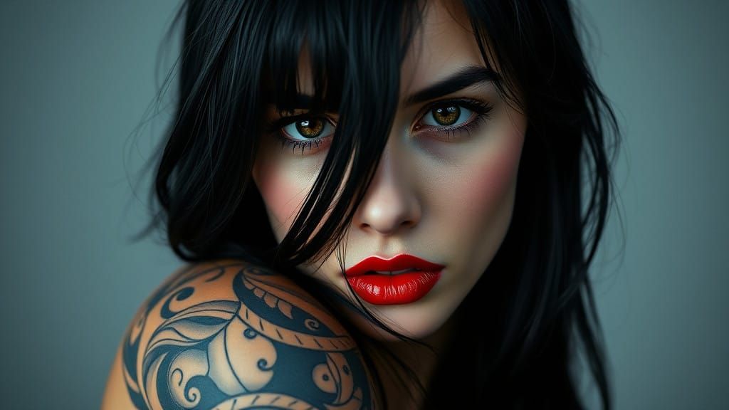 Elegant Woman with Intricate Tattoos in Cinematic Film Still...