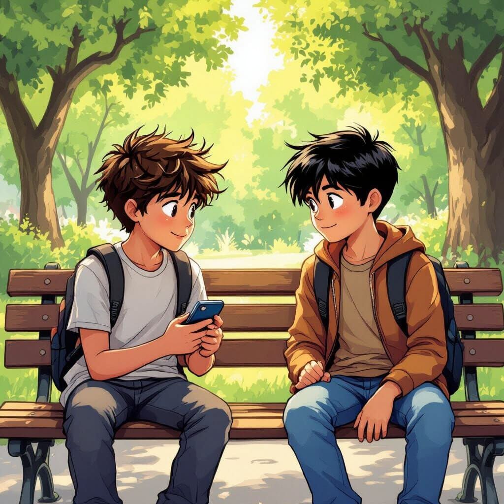 Boys on Park Bench Sharing Mobile Phone Comic Style
