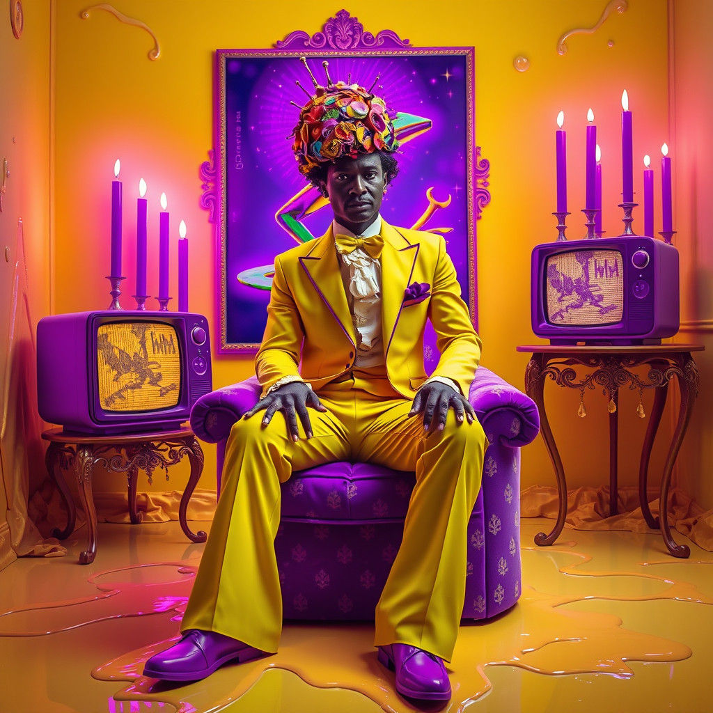 Surreal Neon Dreamscape with Yellow Tuxedo