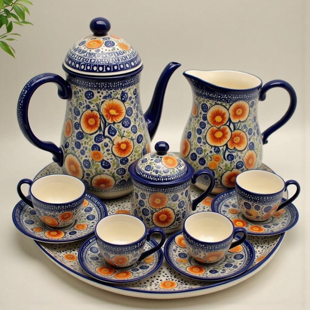 Whimsical Folk Art Tea Set in Cobalt Blue and Orange