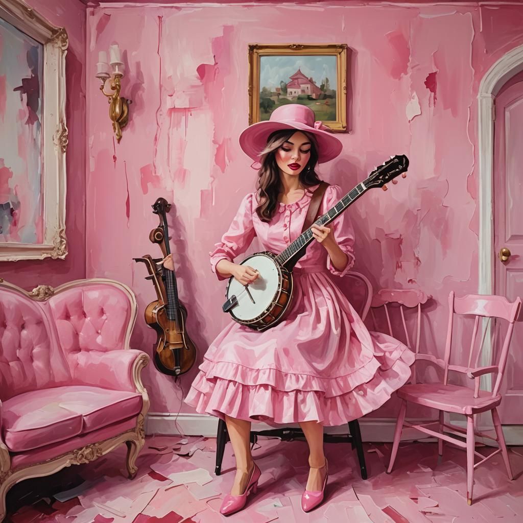 Girl in Pink Playing Banjo: Abstract Art