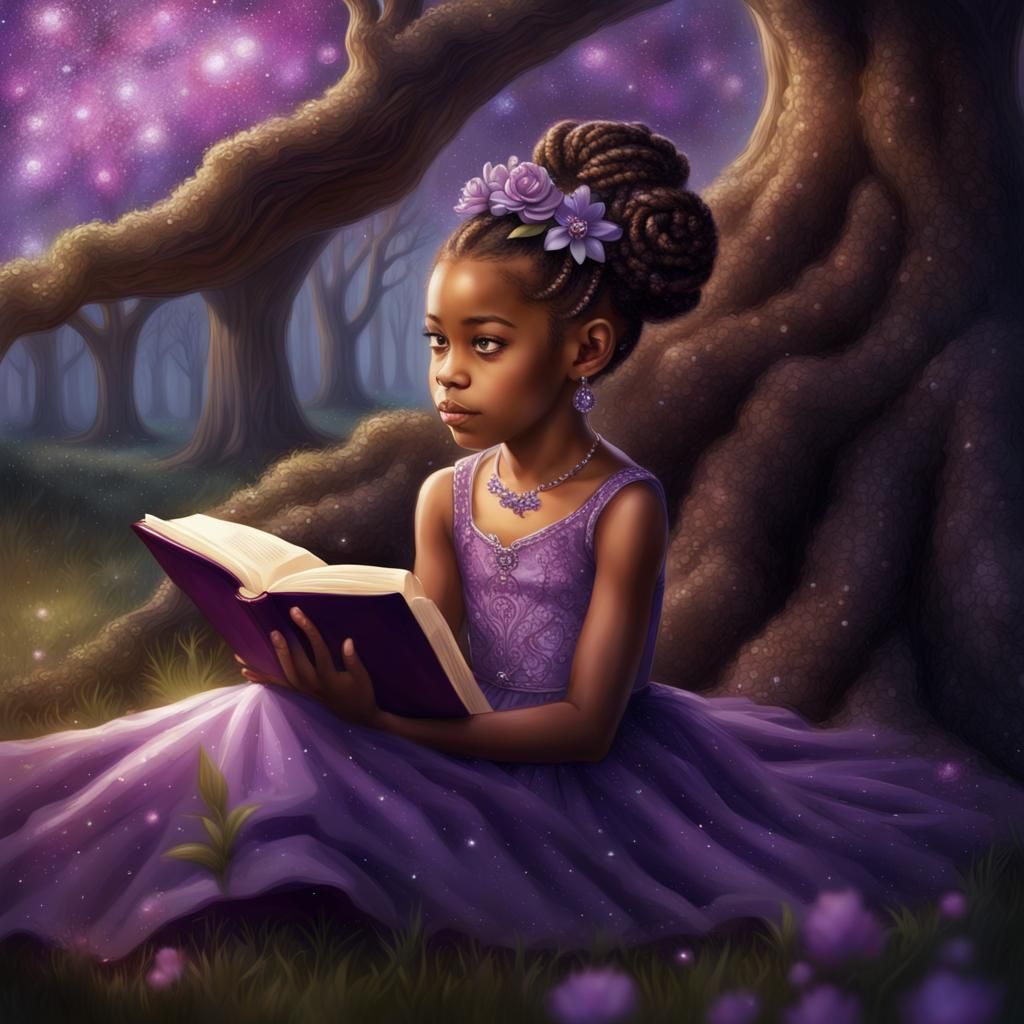 African American Girl Reading in Fantasy Art Style