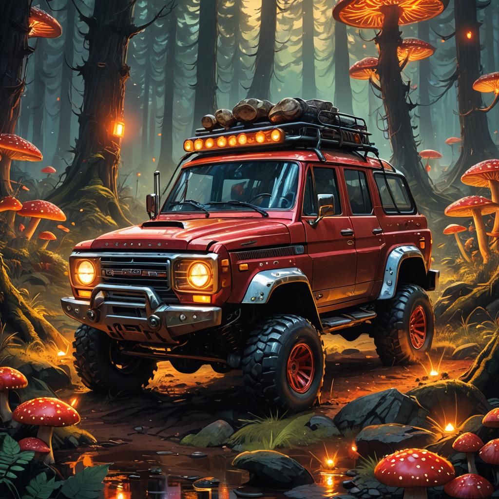 Red 4x4 in Mystical Forest, Digital Concept Art