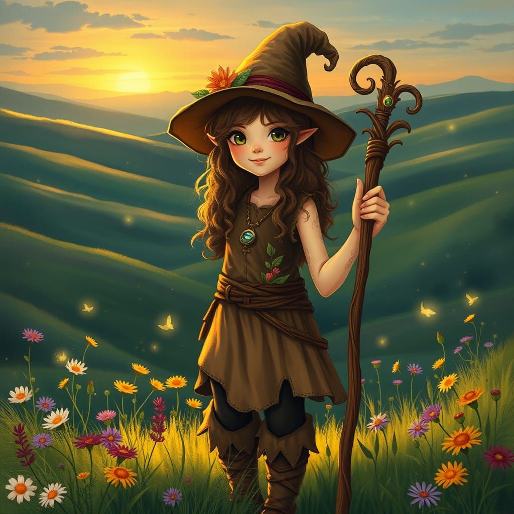 Whimsical Hobbit Sorceress Embracing Wild Magic in a Lush Me...