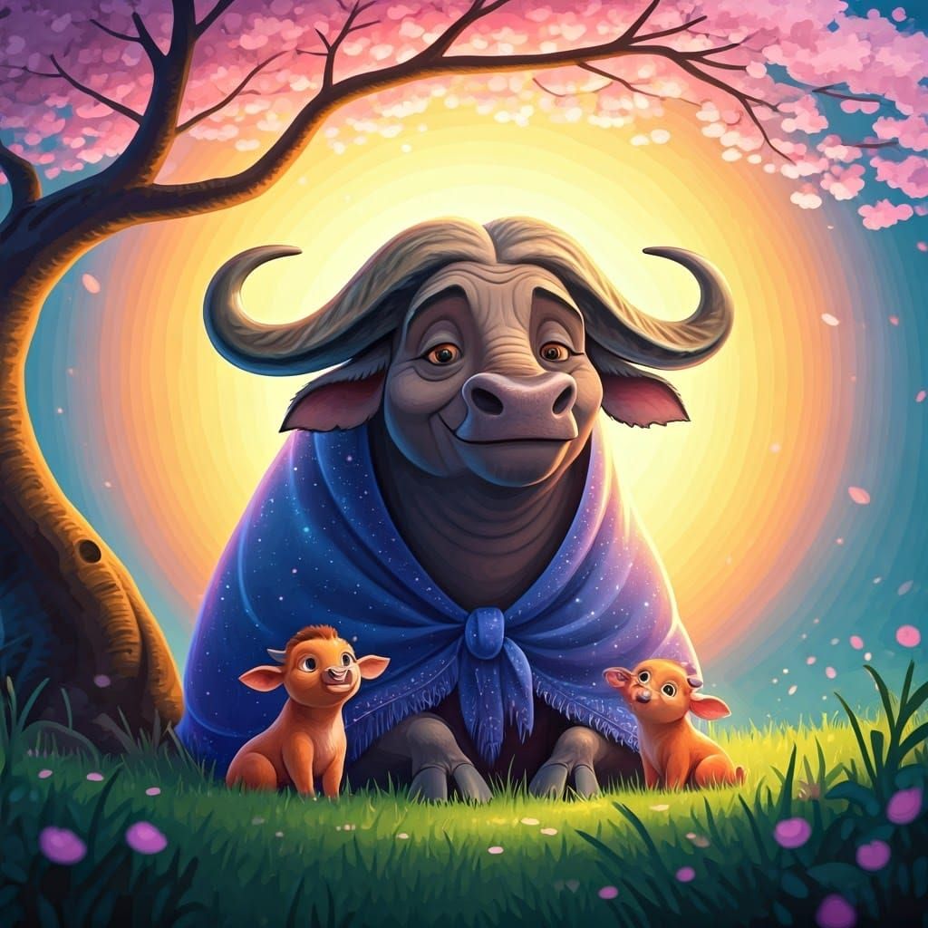 Enchanted Water Buffalo Matriarch Sits Beneath Blossoming Ch...