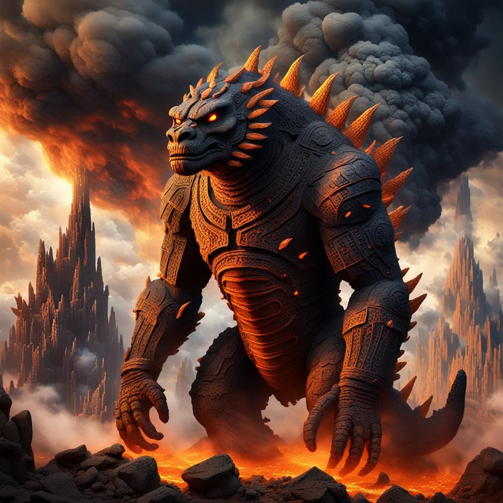 Towering Terracotta Creature in Ash and Smoke