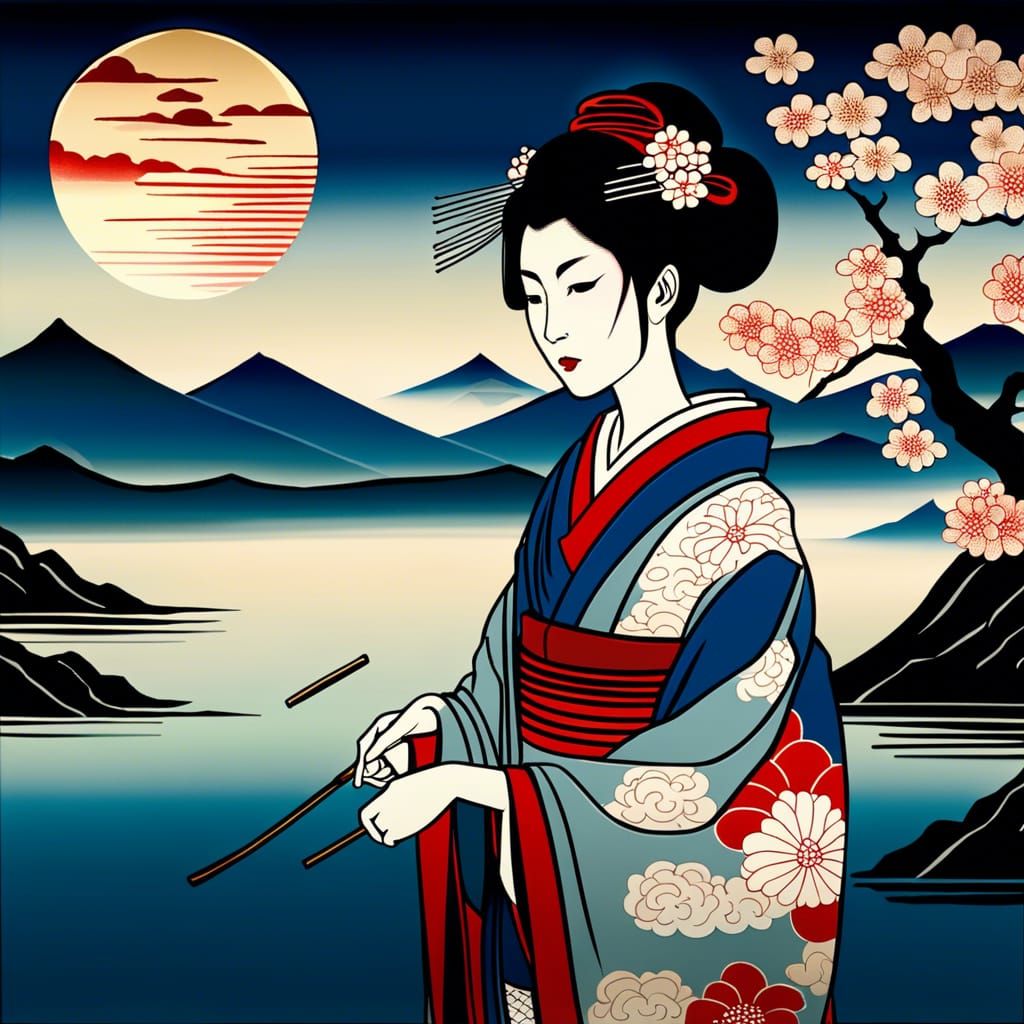 Geisha in Kimono with Fuji, Ukiyo-e Style