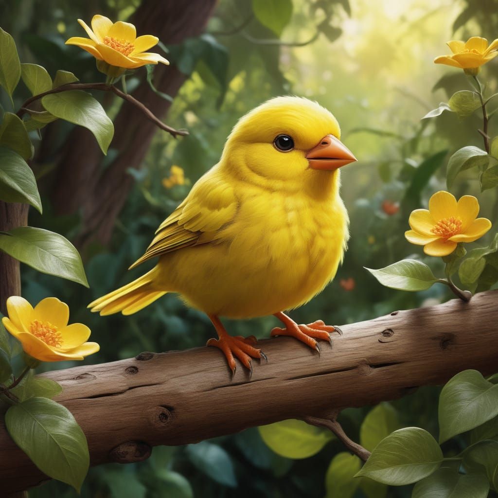 A Whimsical Yellow Canary in a Sun-Kissed Garden, in Oil Pai...