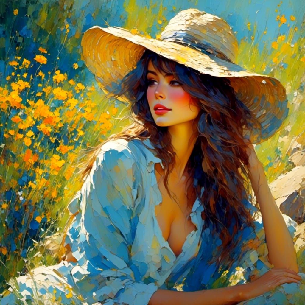 Watercolor Impressionist Woman Seated on Rocks in Sunlight