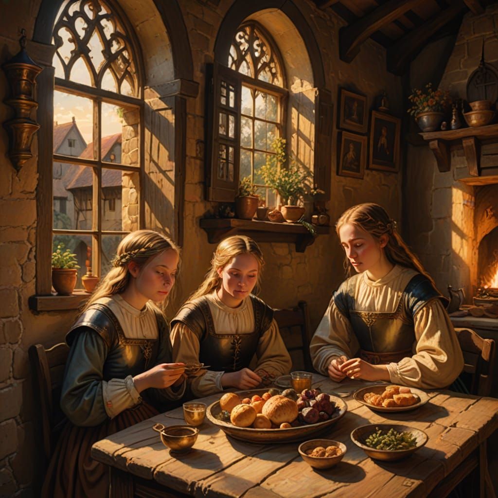 Young Girls Eating in Medieval Room, Golden Hour Glow