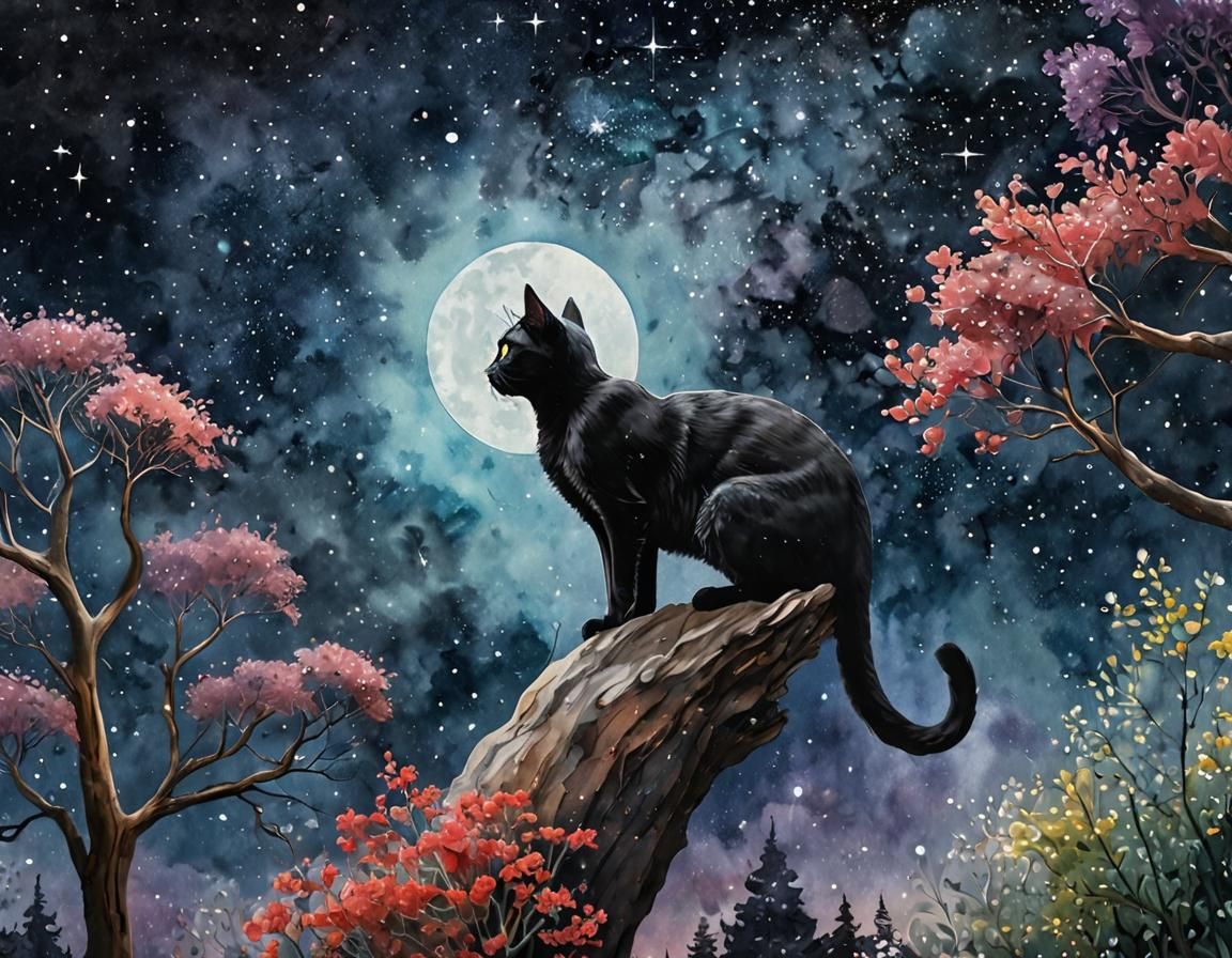 Black Cat Gazing at Starry Sky: Watercolor Art