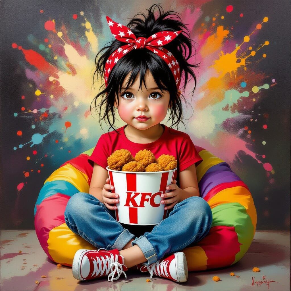 Whimsical Girl with KFC in Vibrant Airbrushed Splashes