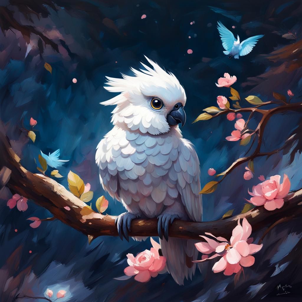 Adorable Baby Cockatoo Oil Painting with Expressive Design