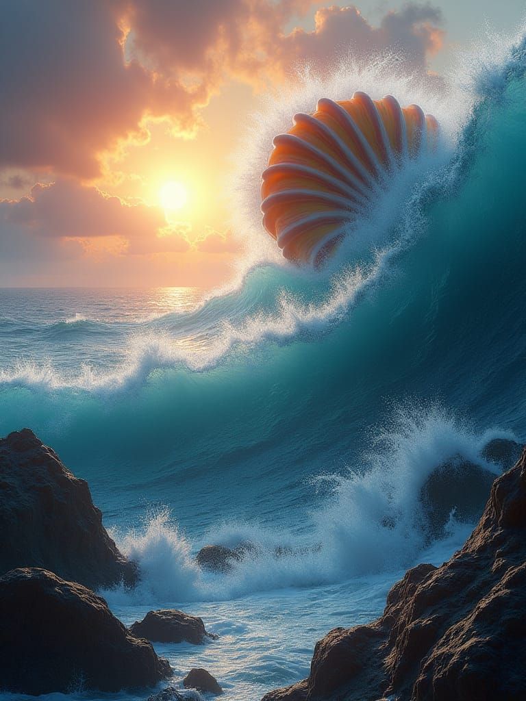 Giant Waves and Clam Shell: Fantasy Ocean Art
