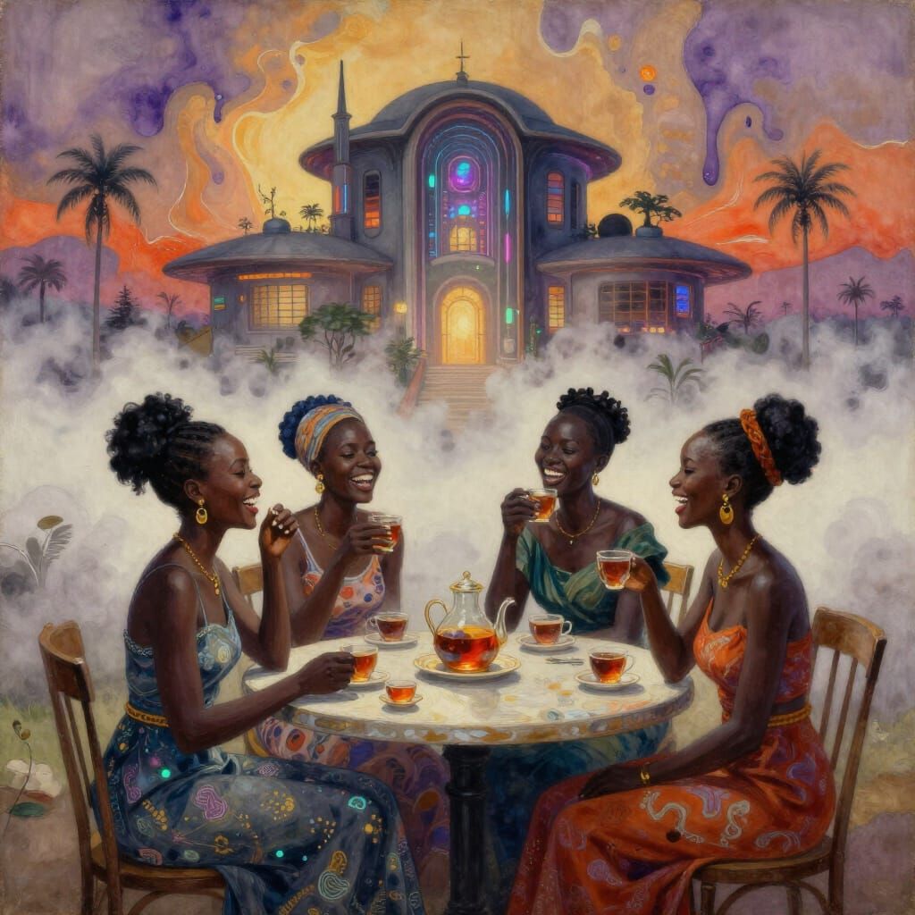 Bioluminescent Women Gossiping at Cyberpunk Mansion in Water...