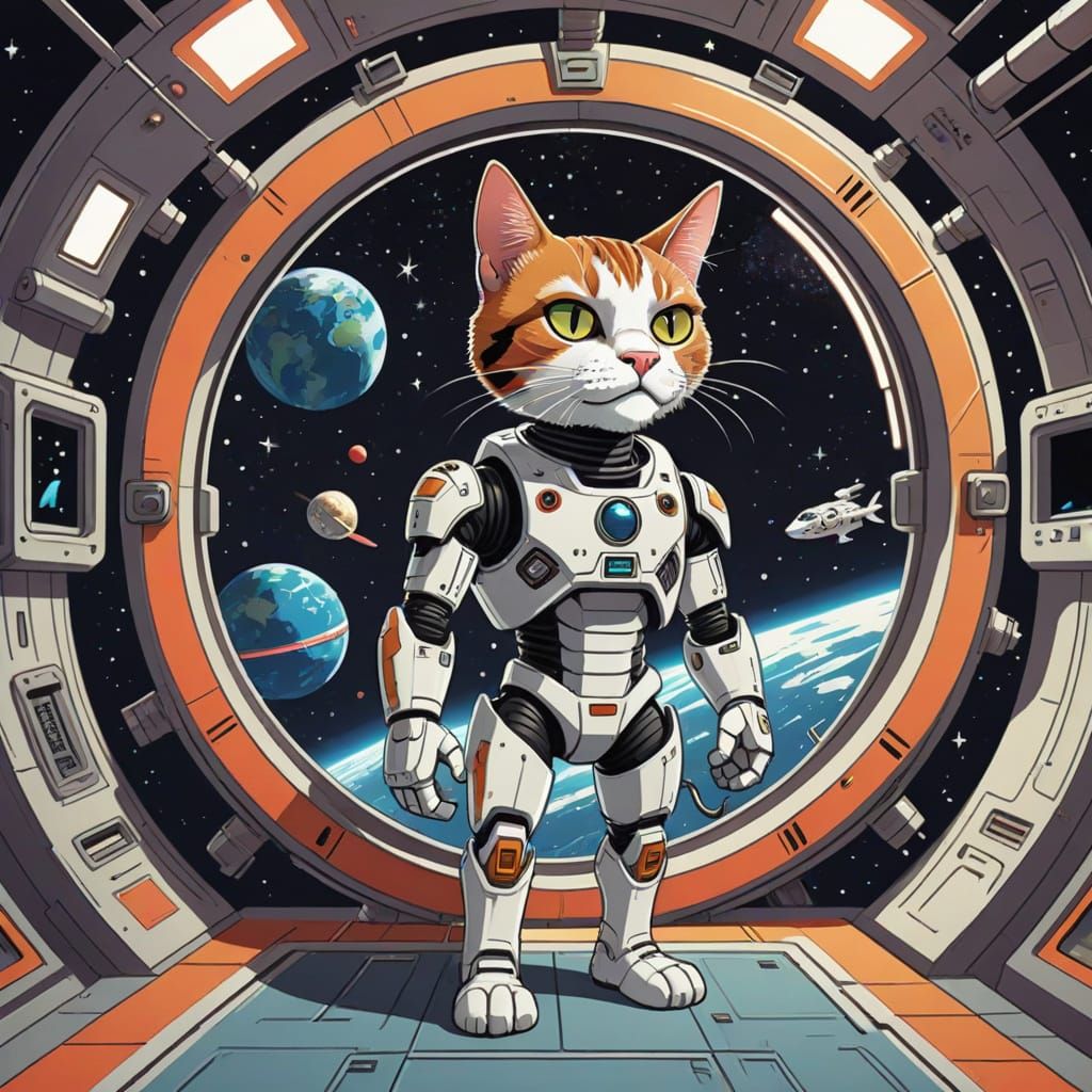 Cyborg Cat in Space Station, Hanna-Barbera Style