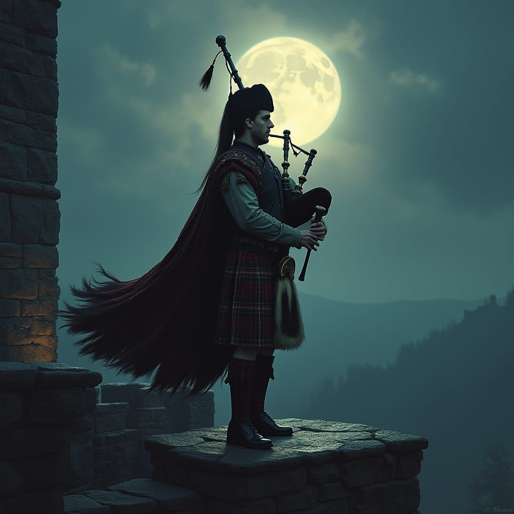 Bagpiper on Castle Battlements Under Moonlight
