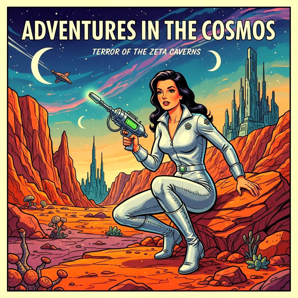 Retro Sci-Fi Woman with Ray Gun on Alien Planet