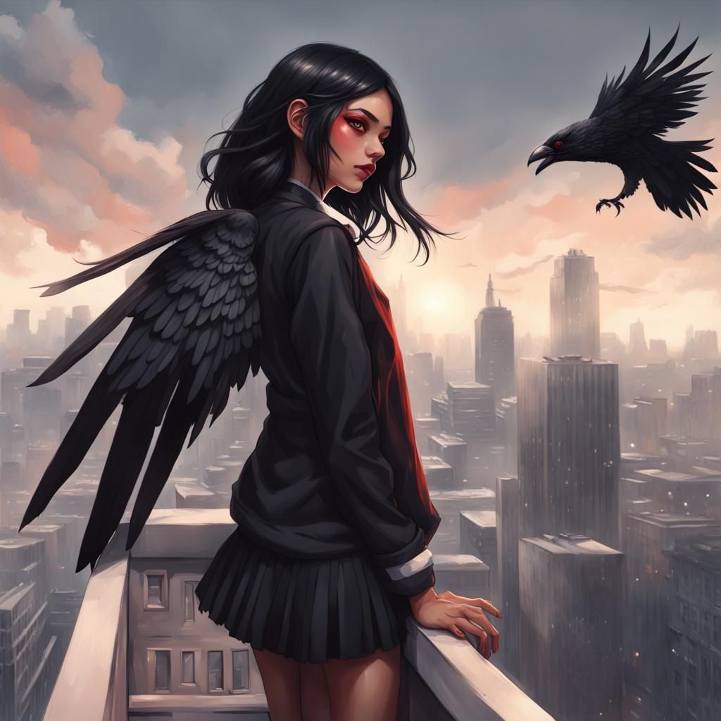 Raven-Winged Girl Casting Red Magic, Detailed Portrait