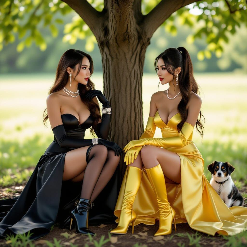 Two Women in Prom Dresses Under a Tree