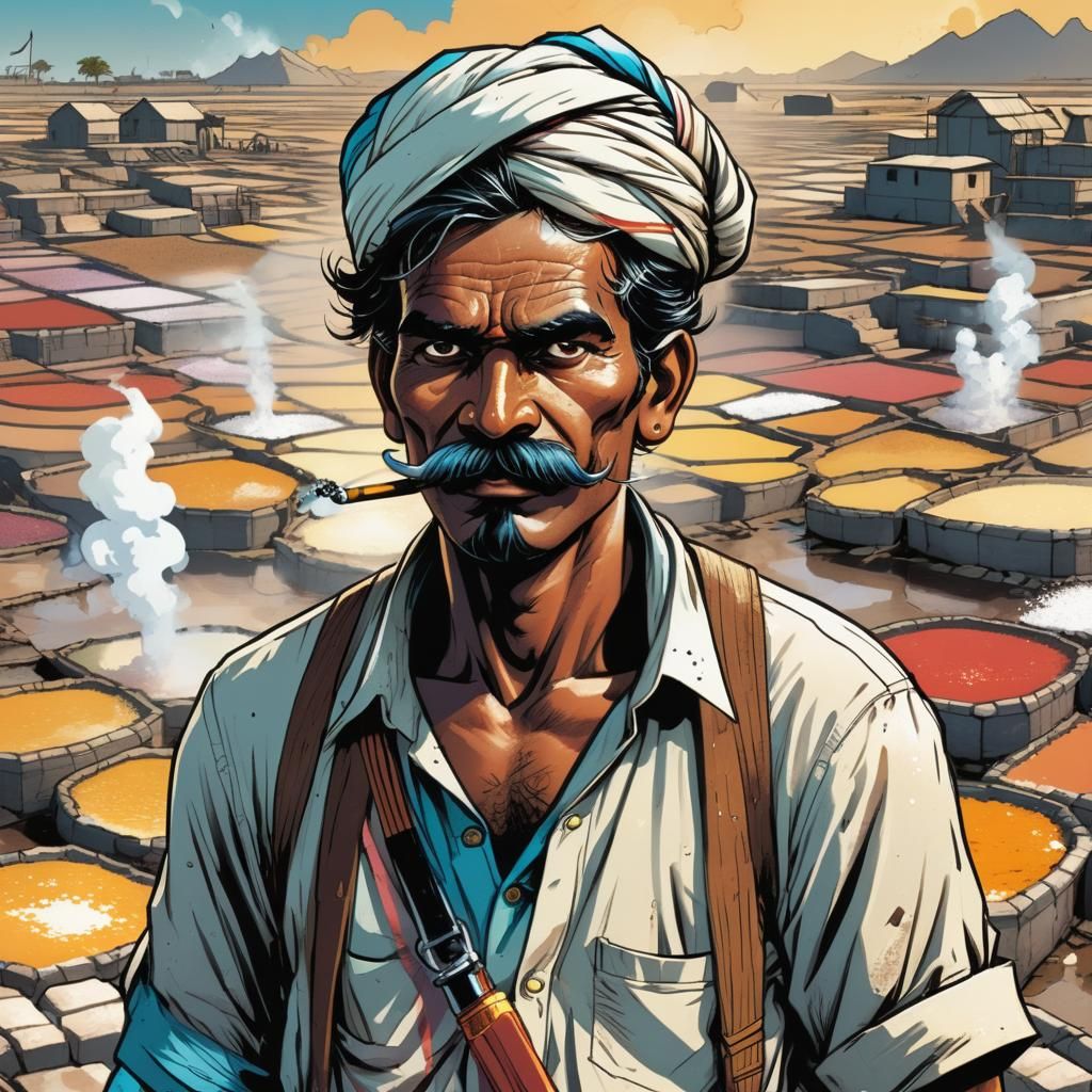 Indian Salt Farmer in Comic Book Style