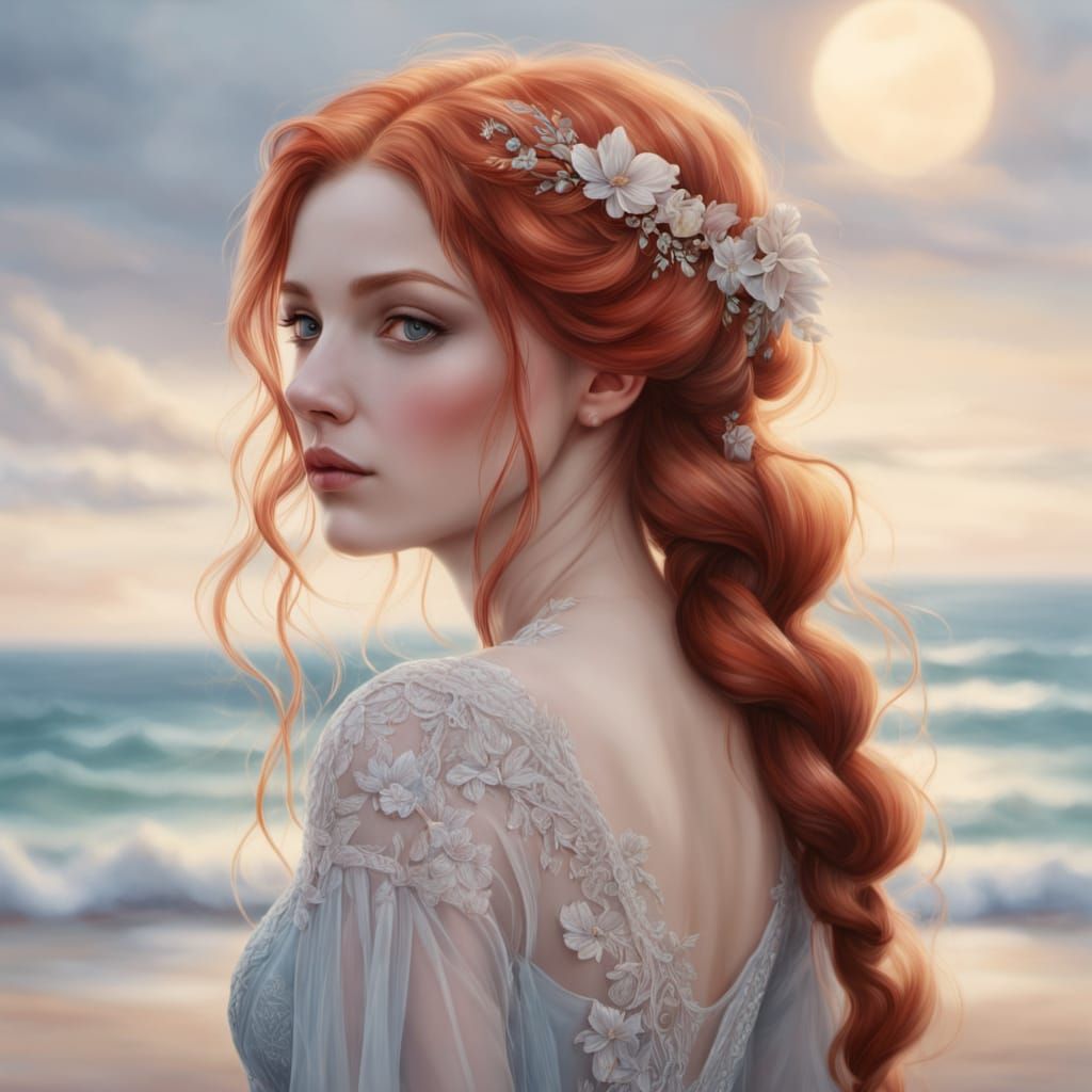 Art Nouveau Bride on Beach Oil Painting