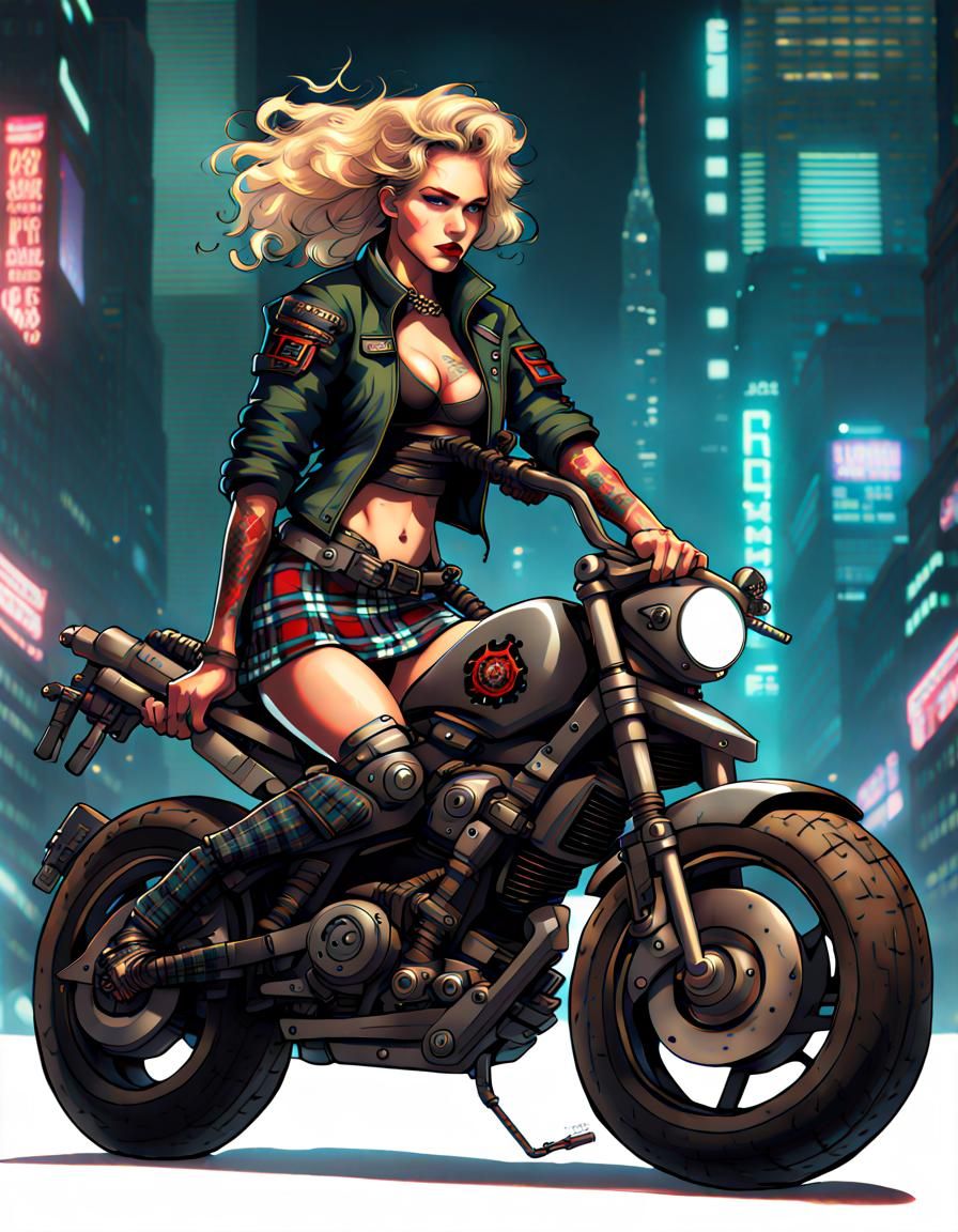 Cyberpunk Woman on Motorbike with Katana
