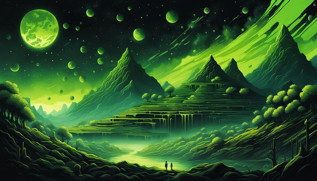 Surreal Black and Lime Cosmic Landscape