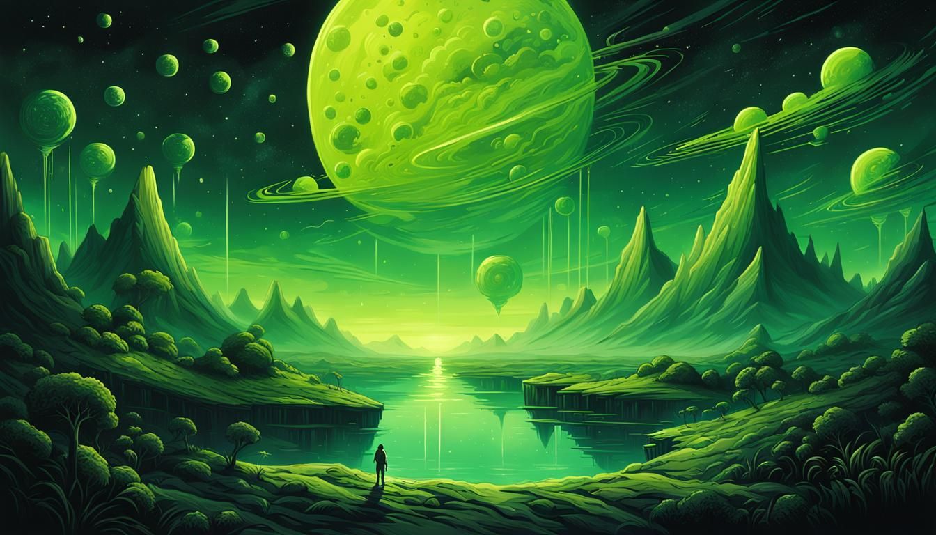 Surreal Cosmic Landscape in Black and Lime