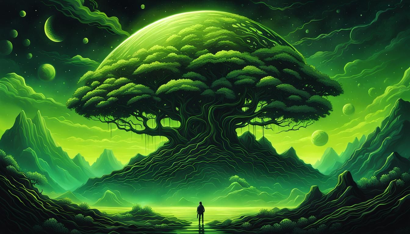 Striking Black and Lime Cosmic Landscape