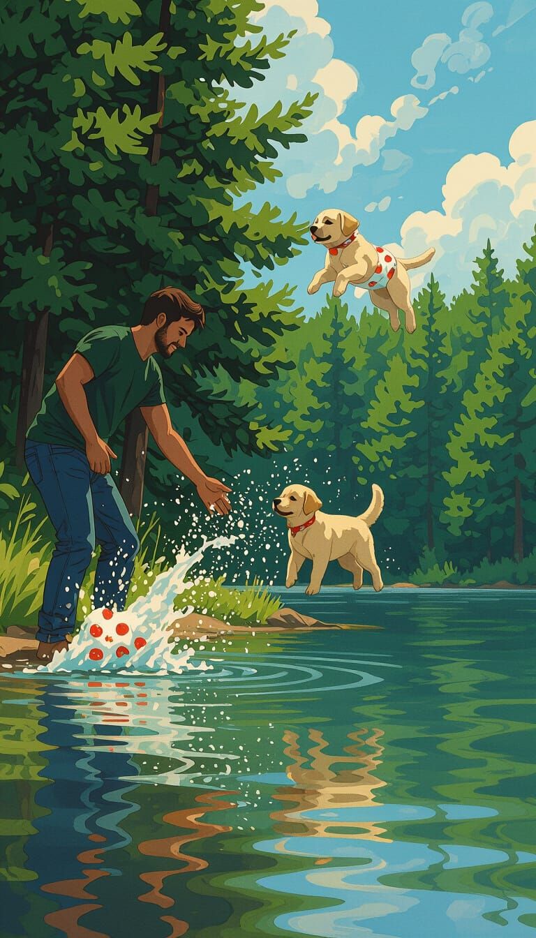 Man, Puppy, Lake: A Whimsical Digital Painting