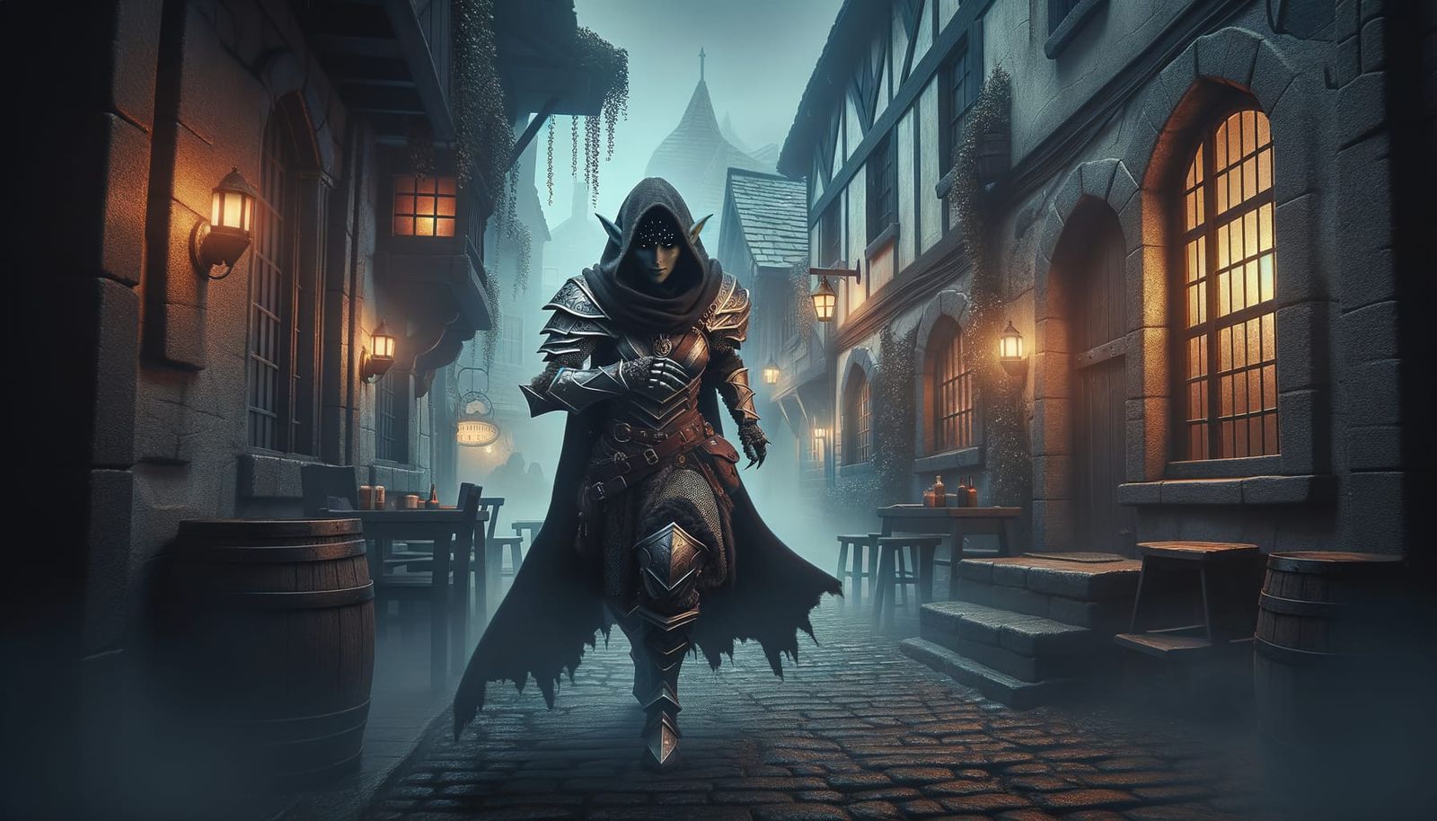 Tiefling Rogue Stalks Target in Foggy Alleyway
