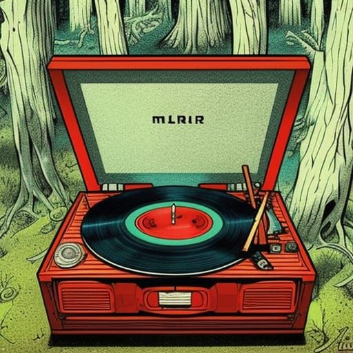 Vintage Record Player in Forest: Comic Book Art