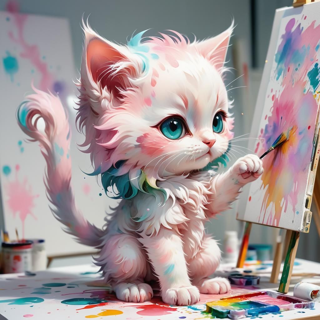 Pastel Kitten Creates Art in Anime Style