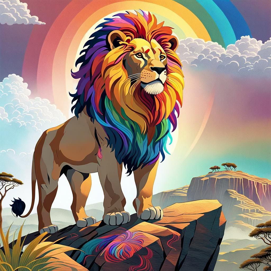 Majestic Lion with Rainbow Mane Overlooking Savannah