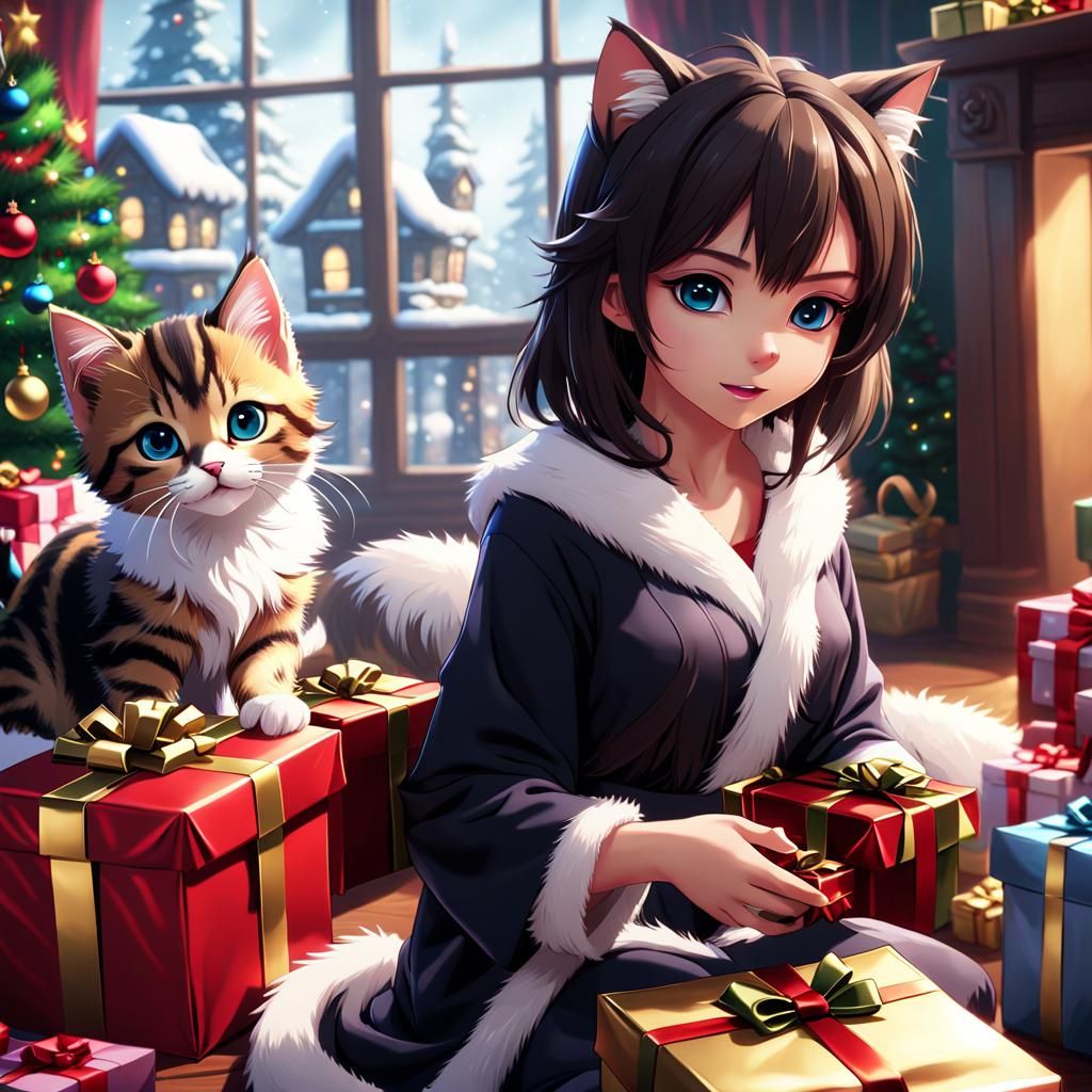 Cute cat and catgirl on christmas morning.