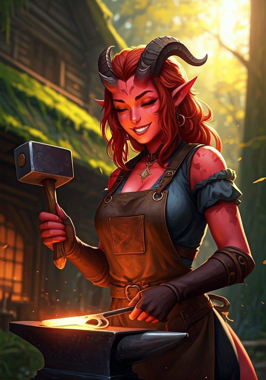 Fantasy Demoness Smith in Serene Woodland Cabin