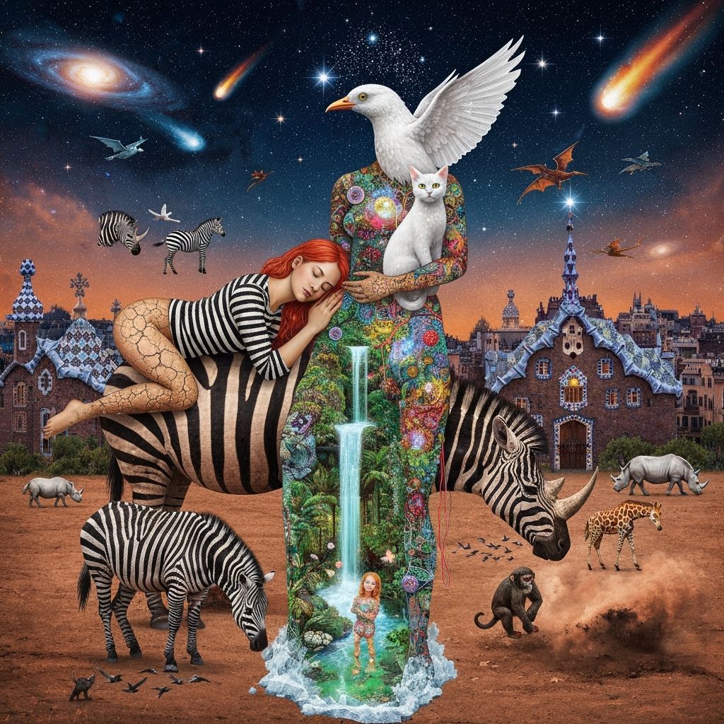 Woman with Bird Head and Starlight Cat in Gaudí Cityscape
