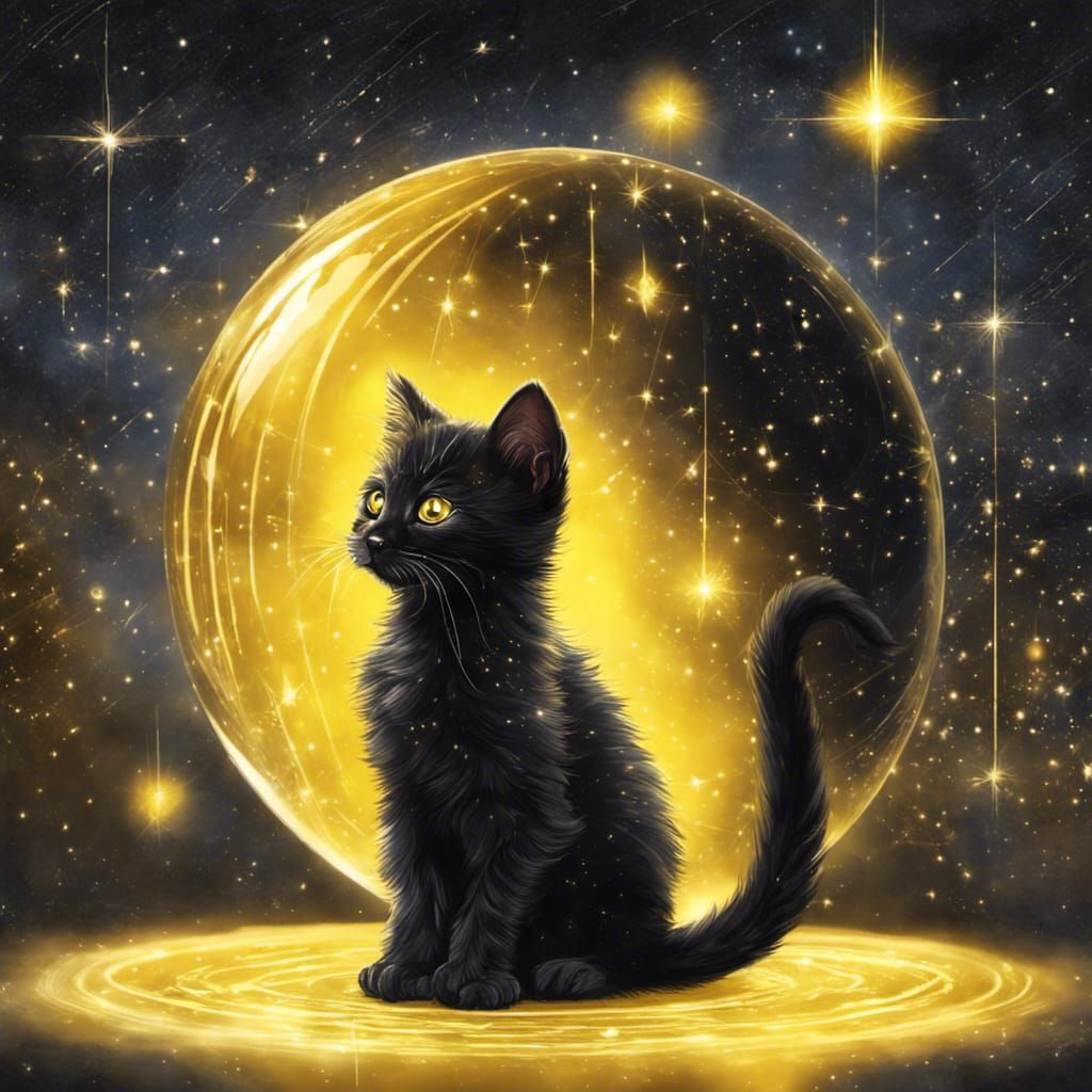 Black Kitten on Celestial Sphere: Digital Art