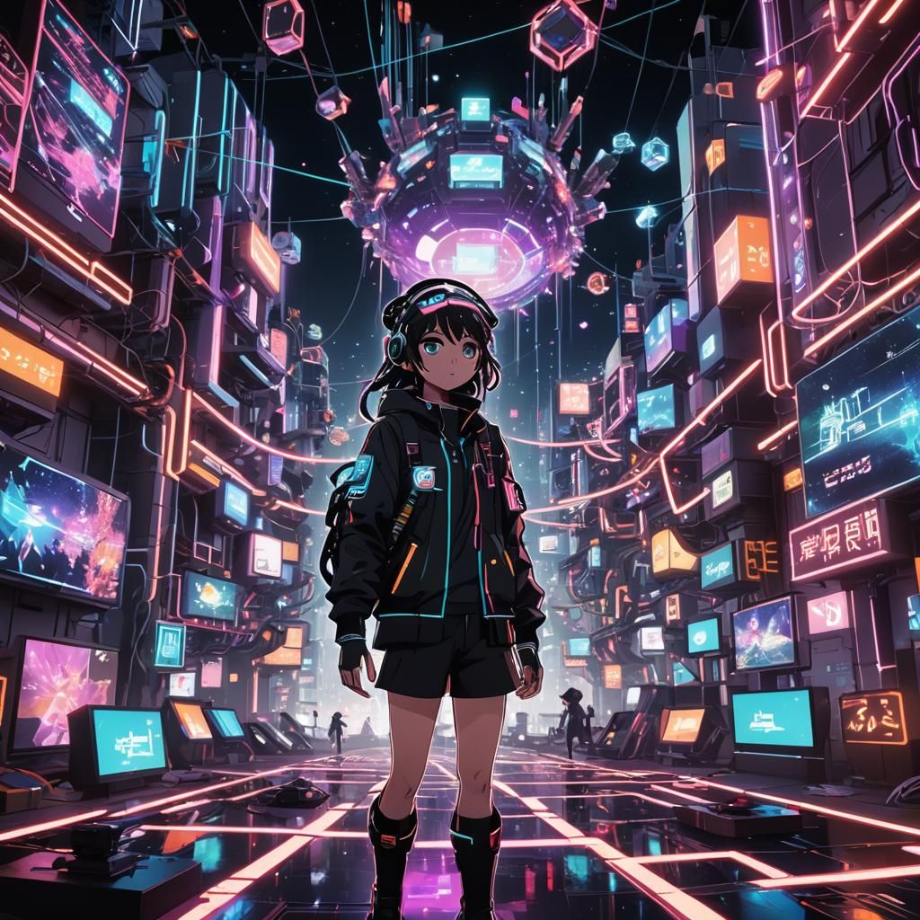 Anime VR Character in Digital Neon Landscape