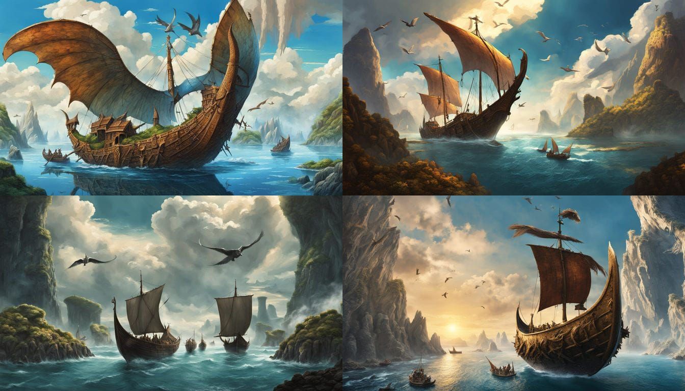 Fantasy Floating Islands with Viking Ship and Dragon Wings