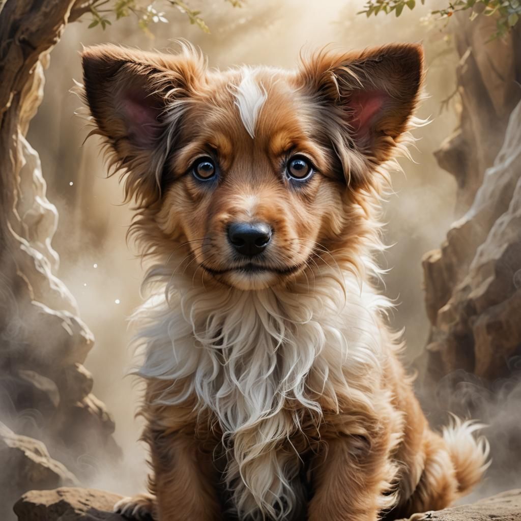 Puppy Receives Ancient Wisdom in Surreal Dreamscape